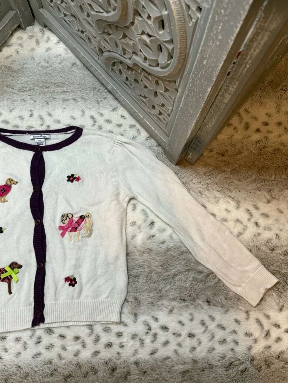 Hartstrings button up cardigan girls size 6 floral dogs preppy school winter
